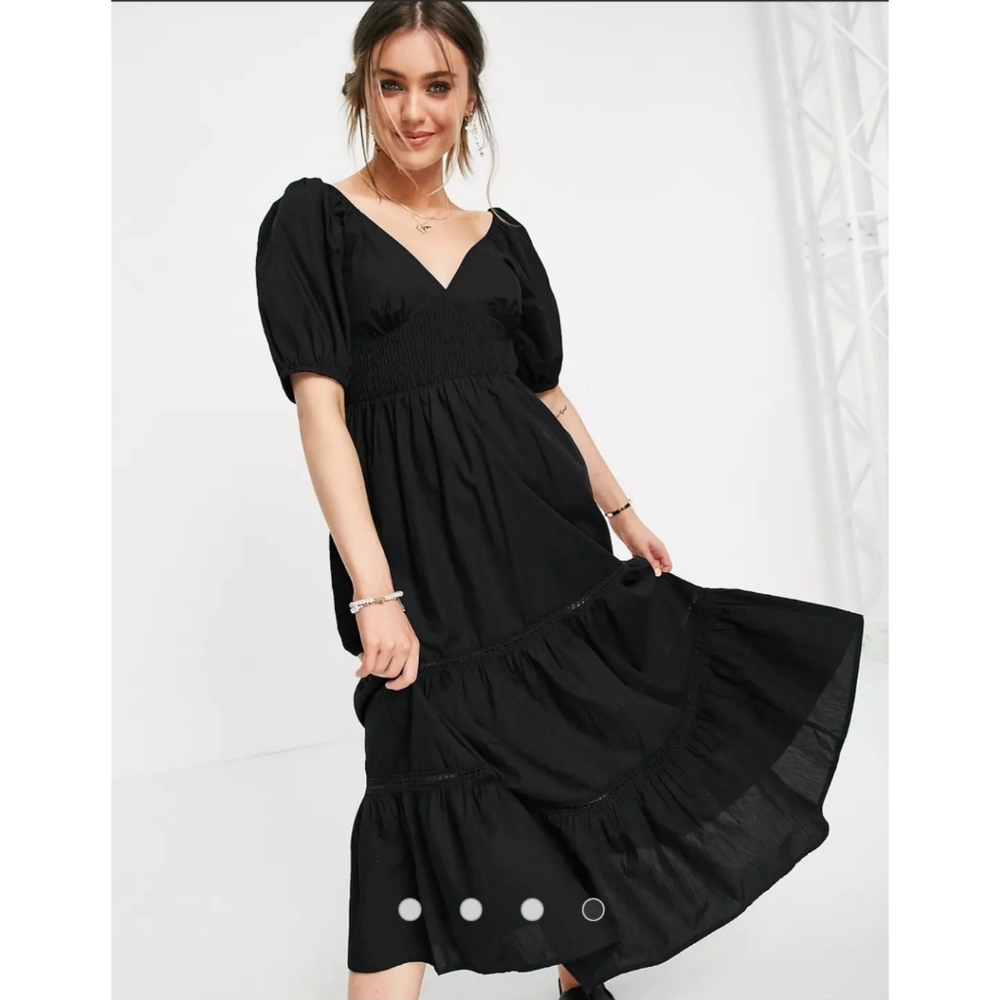 ASOS DESIGN shirred waist broderie insert maxi dress in black